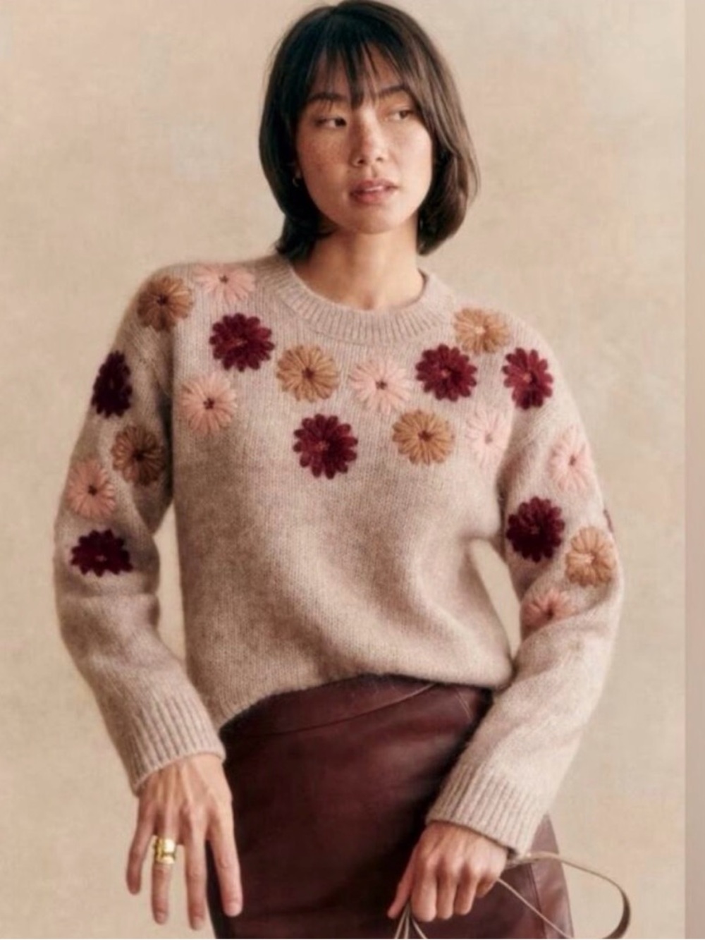 Sezane Suzon Beige Crewneck Sweater with Pink, Mauve, and Rust Floral Appliqués